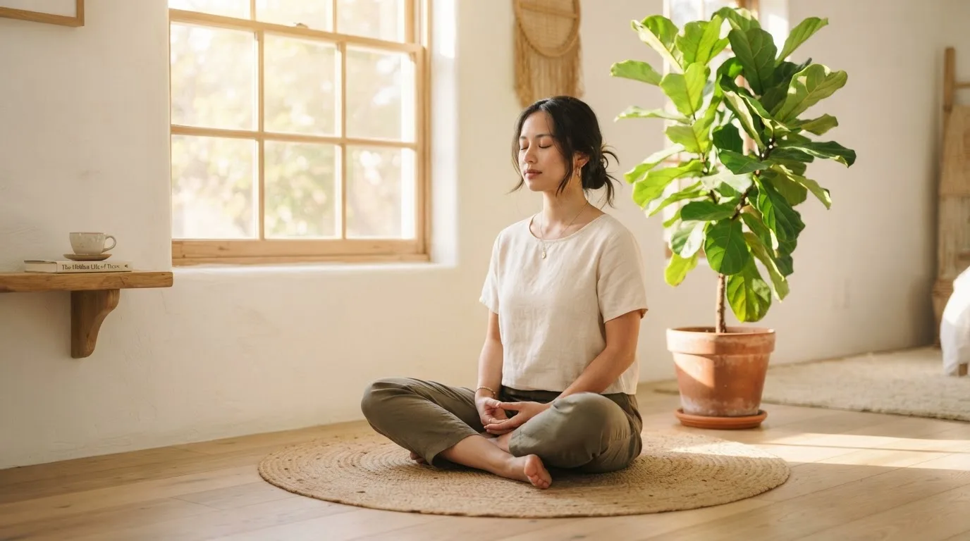 Una persona medita sentada con las piernas cruzadas en una habitación luminosa junto a una planta.