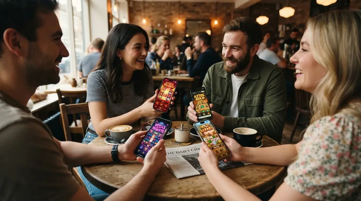 Varias personas comparan las pantallas de sus teléfonos móviles sentadas alrededor de una mesa de café.