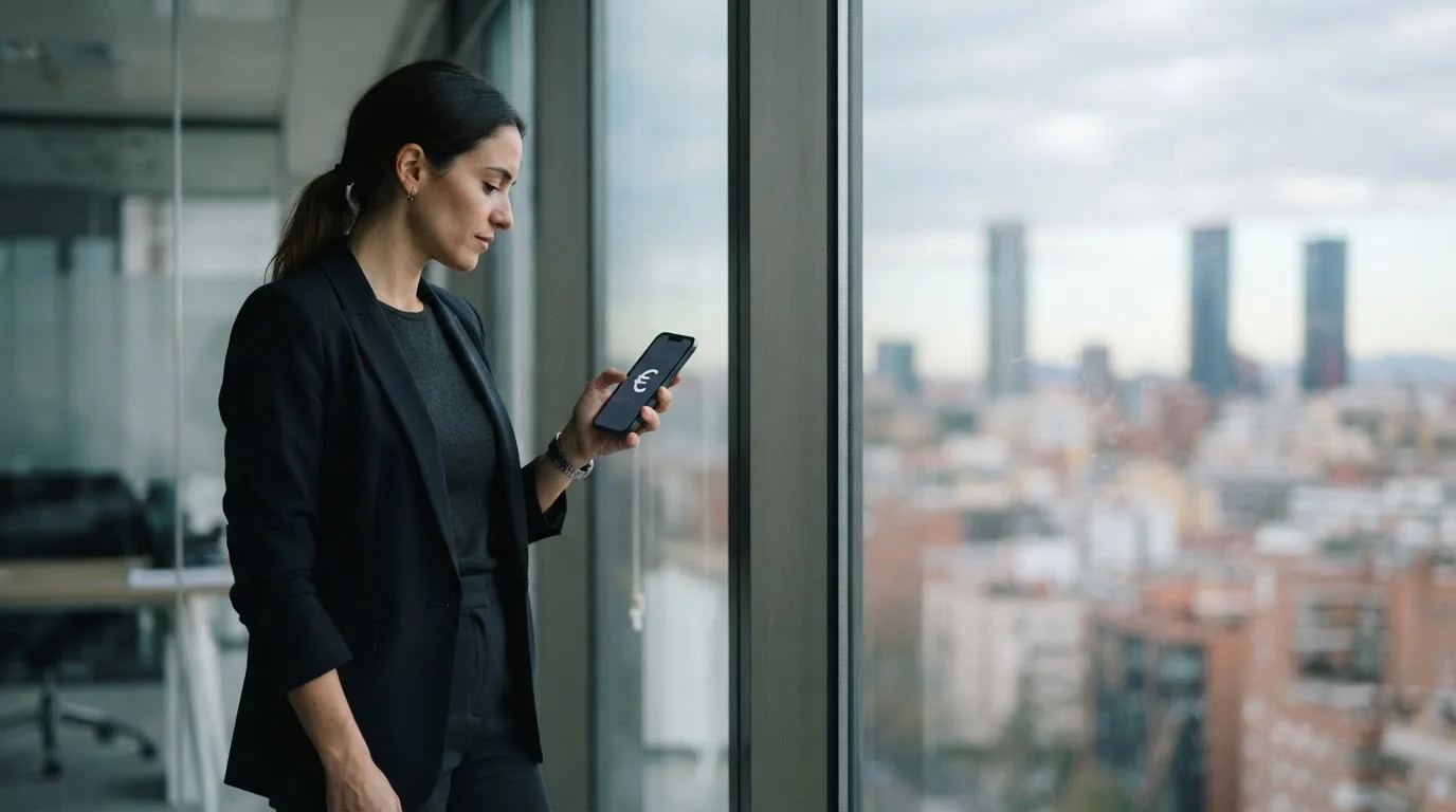 Una mujer con traje formal revisa su teléfono móvil de pie junto a una ventana de oficina.