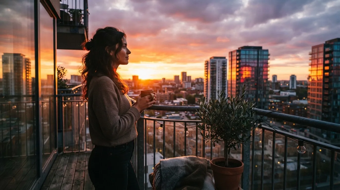 Una mujer contempla el atardecer desde el balcón de su piso sosteniendo una taza caliente.
